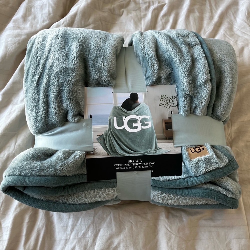 Ugg Big Sur oversized faux fur throw blanket in grey blue brand new with tags